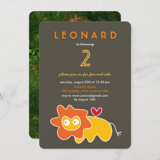 かわいい漫画イエローライオンキッズフォトバースデーパーティー 招待状 (正面/裏面)