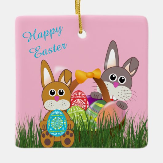 かわいい漫画イースターバニーホリデー セラミックオーナメント (正面)