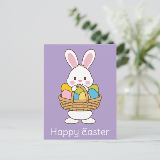 かわいい漫画イースターバニー卵バスケット ポストカード (スタンド正面)