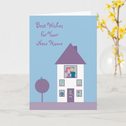 かわいい漫画カップル及びペット新しい家のカスタマイズ可能 カード (黄色い花)