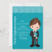 かわいい漫画カトリック少年ファーストコミューン 招待状 (正面)