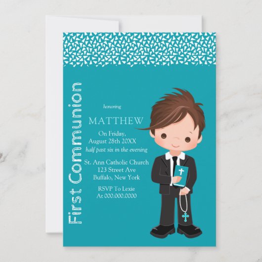 かわいい漫画カトリック少年ファーストコミューン 招待状 (正面)