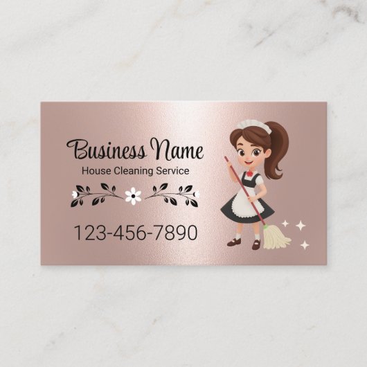 かわいい漫画ガールハウスクリーニングサービスバラ金ゴールド 名刺 (正面)