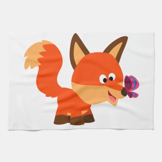 かわいい漫画キツネとバタフライキッチンタオル キッチンタオル (横)
