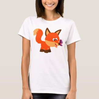 かわいい漫画キツネと蝶の女性Tシャツ Tシャツ
