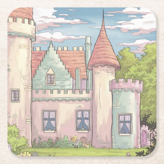 かわいい漫画キャッスルコースターセット スクエアペーパーコースター (正面)