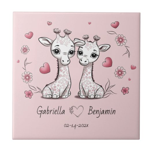 かわいい漫画キリン愛好家ハートバレンタインデー タイル (正面)