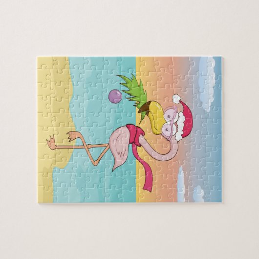 かわいい漫画クリスマスフラミンゴのビーチ ジグソーパズル (横)