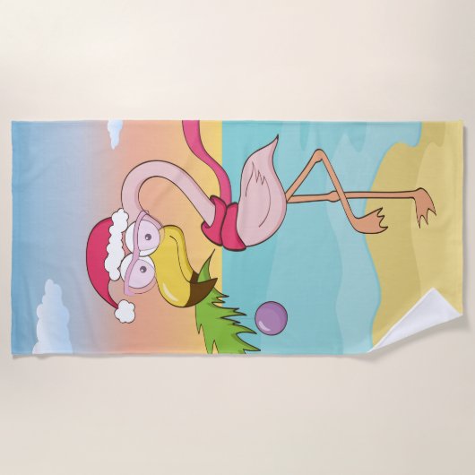 かわいい漫画クリスマスフラミンゴのビーチ ビーチタオル (正面)