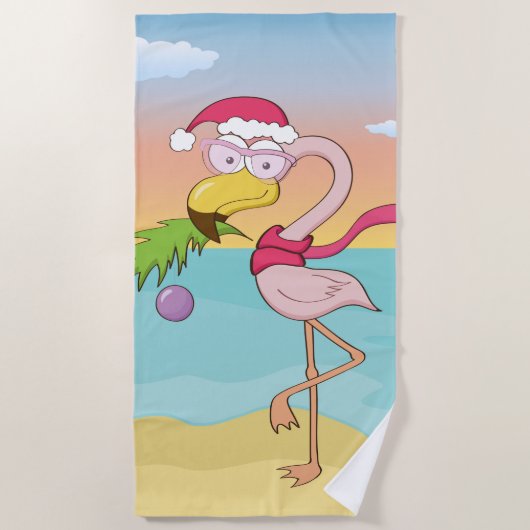 かわいい漫画クリスマスフラミンゴのビーチ ビーチタオル (正面)