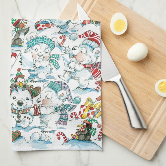 かわいい漫画クリスマスポーラーベアペンギンパーティー キッチンタオル (四つ折り)