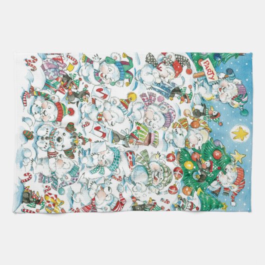 かわいい漫画クリスマスポーラーベアペンギンパーティー キッチンタオル (横)