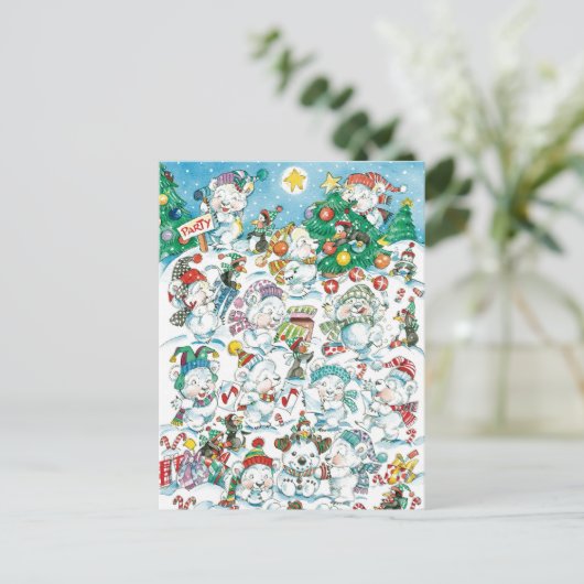 かわいい漫画クリスマスポーラーベアペンギンパーティー シーズンポストカード (スタンド正面)