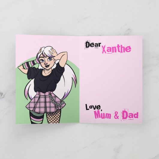 かわいい漫画ゴシックガールピンク誕生日 カード (内部)