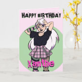 かわいい漫画ゴシックガールピンク誕生日 カード (黄色い花)