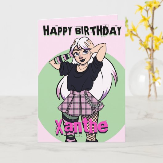 かわいい漫画ゴシックガールピンク誕生日 カード (黄色い花)