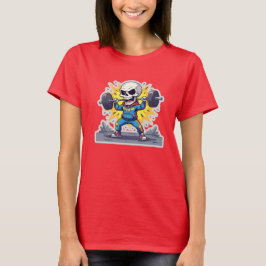 “かわいい漫画スケルトンのウエイトリフター • おもしろいジム バ Tシャツ