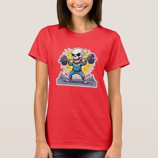 “かわいい漫画スケルトンのウエイトリフター • おもしろいジム バ Tシャツ (正面)