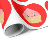 かわいい漫画ストロベリーカップケーキ赤いハート ラッピングペーパー (ロールコーナー)