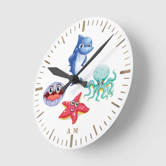 かわいい漫画タコヒトデの貝文字 ラウンド壁時計 (傾斜)