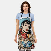 かわいい漫画タトゥー女性のカーボーイ エプロン (着用した状態)