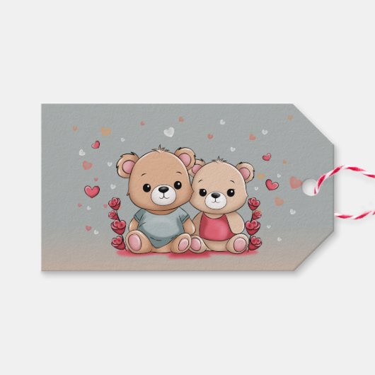 かわいい漫画テディ愛好家ハートバレンタインデー ギフトタグ (正面(横))