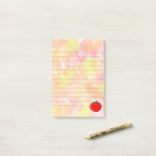 かわいい漫画トマトの水の色の背景が並んだ ポストイット (デスク上)