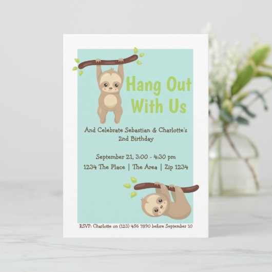 かわいい漫画ナマケモノの誕生日パーティー 招待状 (スタンド正面)