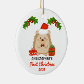 かわいい漫画ハリネズミベビーの初めてのクリスマス写真 セラミックオーナメント (右)