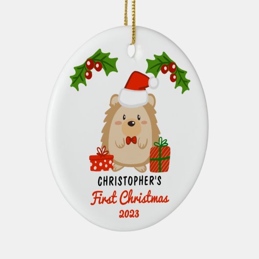 かわいい漫画ハリネズミベビーの初めてのクリスマス写真 セラミックオーナメント (右)