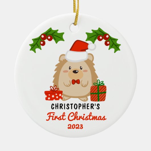 かわいい漫画ハリネズミベビーの初めてのクリスマス写真 セラミックオーナメント (正面)