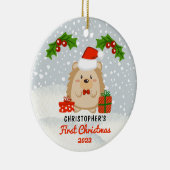 かわいい漫画ハリネズミベビーの初めてのクリスマス写真 セラミックオーナメント (右)