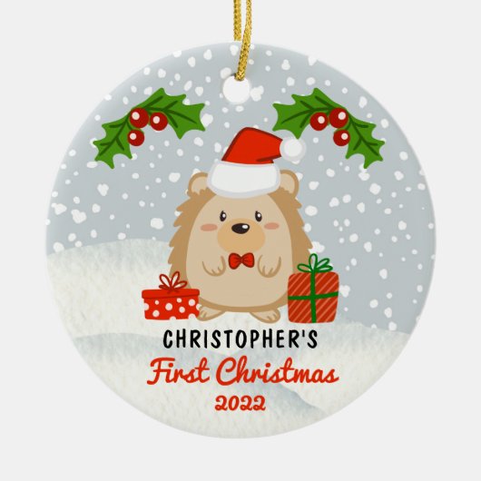 かわいい漫画ハリネズミベビーの初めてのクリスマス写真 セラミックオーナメント (正面)