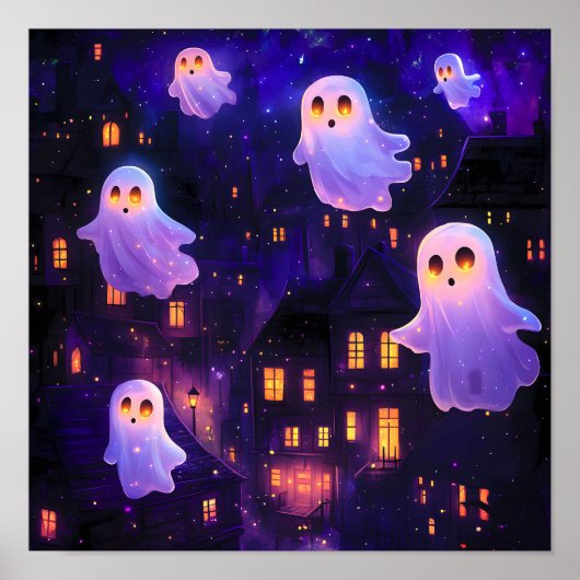 かわいい漫画ハロウィーン真夜中飛んでいる幽霊 ポスター (正面)