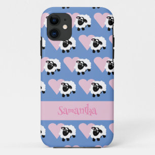 かわいい漫画ヒツジのピンクのハートパターンブルー iPhone 11 ケース