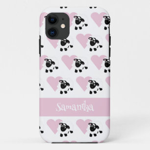 かわいい漫画ヒツジのピンクのハートパターン白 iPhone 11 ケース