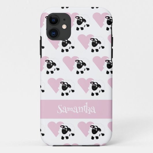 かわいい漫画ヒツジのピンクのハートパターン白 Case-Mate iPhoneケース (裏面)