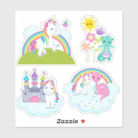かわいい漫画ファンタジーユニコーンとドラゴンステッカー シール (シート)
