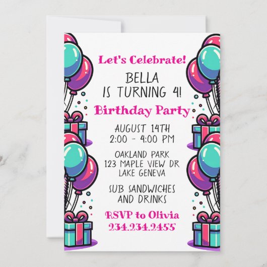 かわいい漫画フェレット少女の誕生日パーティー 招待状 (裏面)