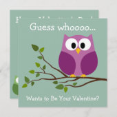 かわいい漫画フクロウとバレンタインのキッズ シーズンカード (正面/裏面)