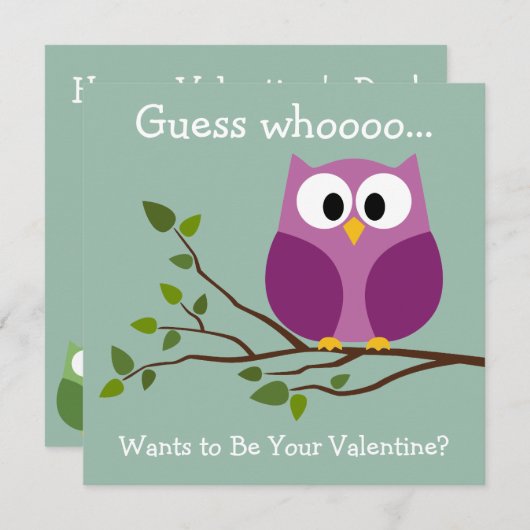 かわいい漫画フクロウとバレンタインのキッズ シーズンカード (正面/裏面)