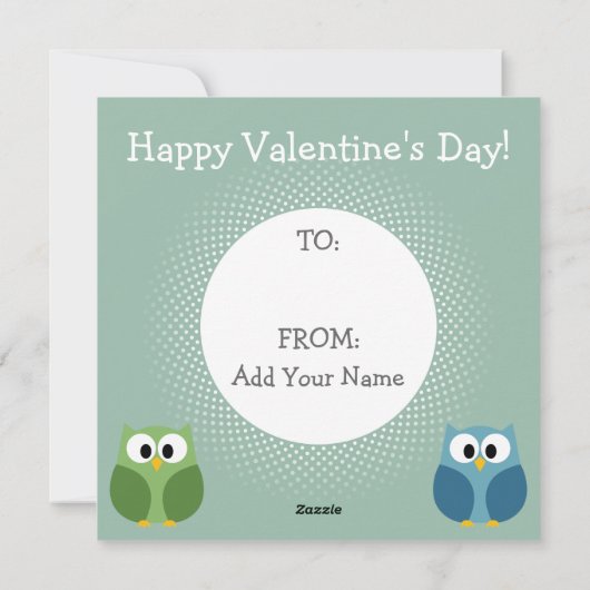 かわいい漫画フクロウとバレンタインのキッズ シーズンカード (裏面)