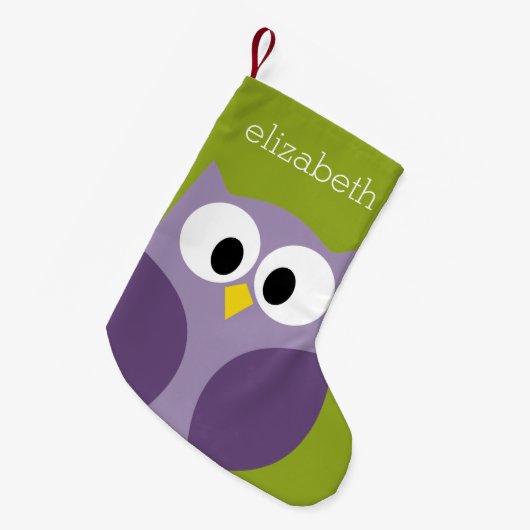かわいい漫画フクロウ紫とピスタチオ名前をカスタムする スモールクリスマスストッキング (正面 (吊り時))