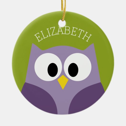 かわいい漫画フクロウ紫とピスタチオ名前をカスタムする セラミックオーナメント (正面)