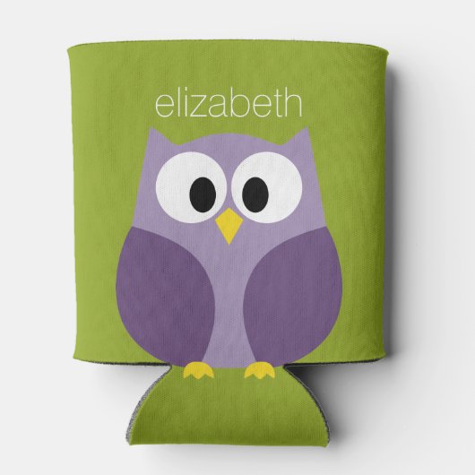 かわいい漫画フクロウ紫とピスタチオ名前をカスタムする 缶クーラー (裏面)