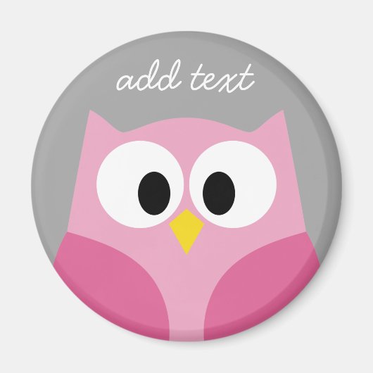 かわいい漫画フクロウ – ピンクとグレーの名前をカスタムする マグネット (正面)