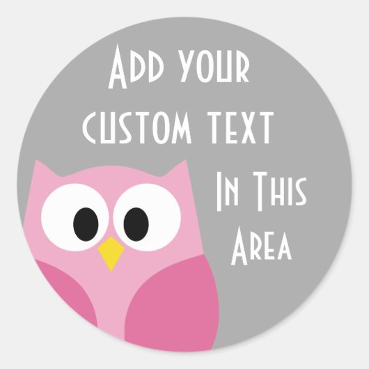 かわいい漫画フクロウ – ピンクとグレーの名前をカスタムする ラウンドシール (正面)