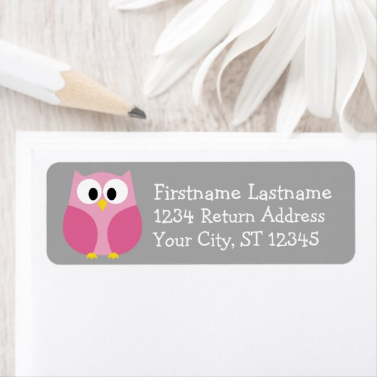 かわいい漫画フクロウ – ピンクとグレーの名前をカスタムする ラベル (インサイチュ)