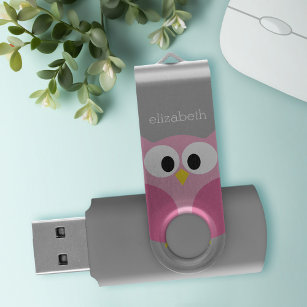 かわいい漫画フクロウ – ピンクとグレーの名前をカスタムする USBフラッシュドライブ