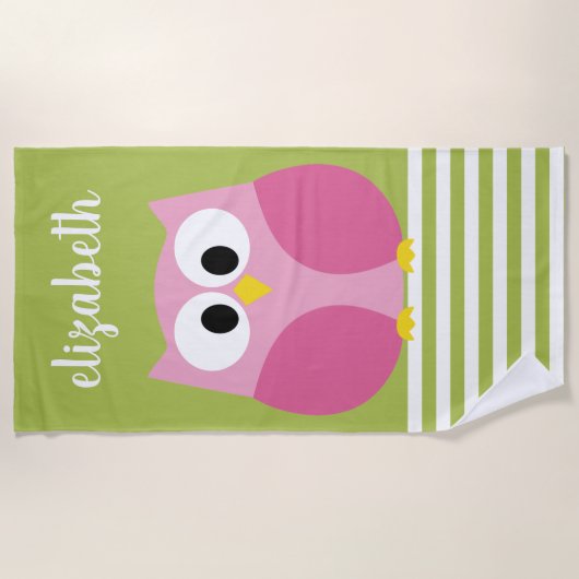 かわいい漫画フクロウ – ピンクとライムグリーン ビーチタオル (正面)